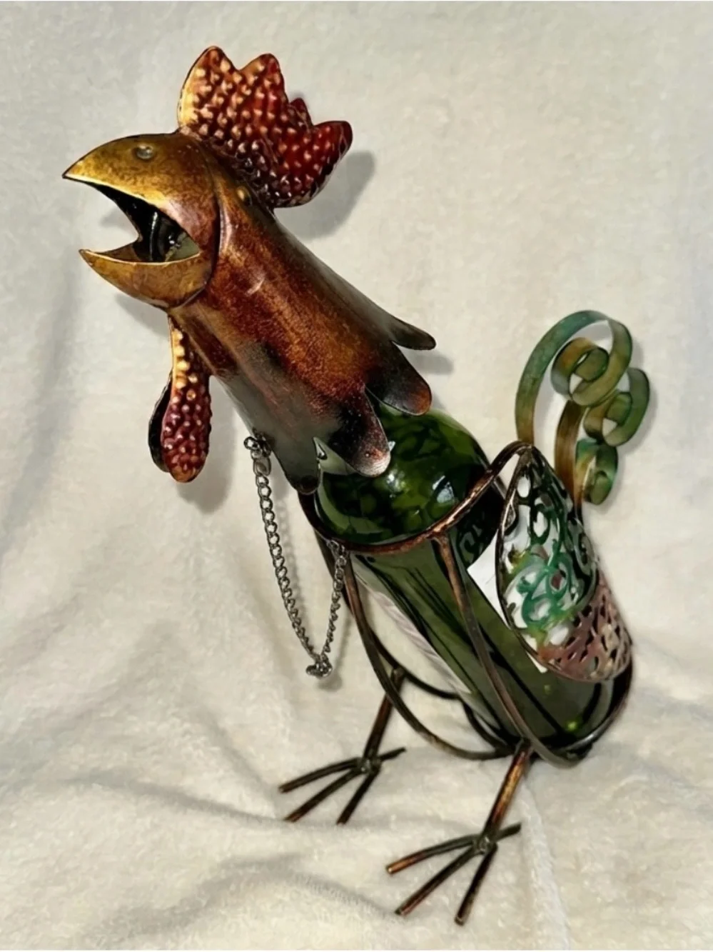 Maximalist Metal Rooster Wine Bottle Holder Y2K Kitchen Retro Decor Caddy